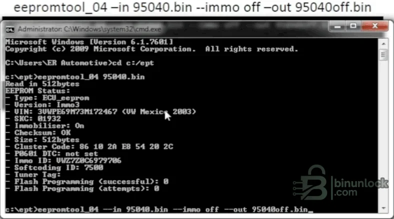95040 EEPROM Tool command-line output with VAG ECU VIN, SKC, immobilizer and checksum status