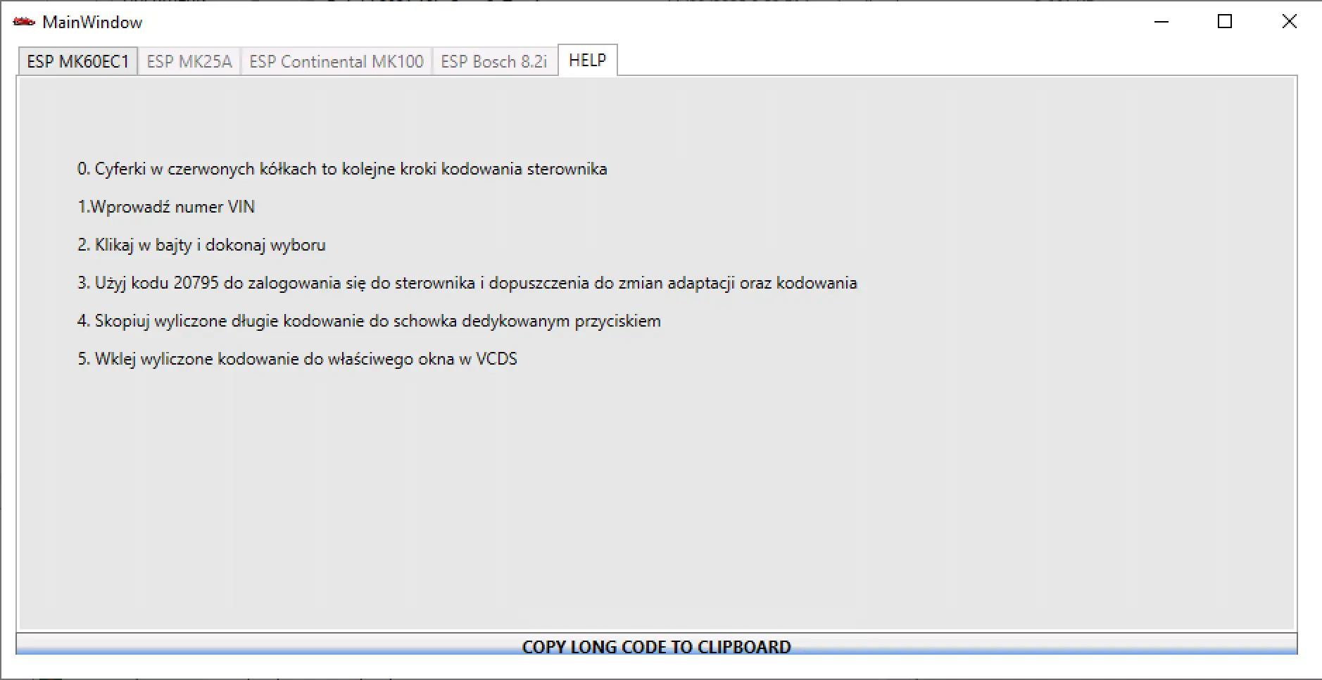 ABS ESP Long Code Calculator Helper v2.1 help tab showing step by step instructions for coding with VCDS.