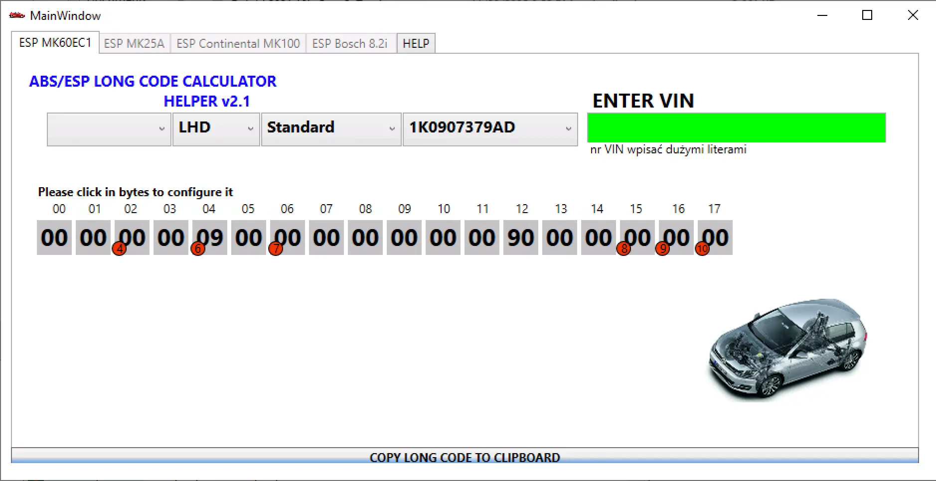 ABS ESP Long Code Calculator Helper v2.1 main screen with VIN field and byte based long coding editor for VAG modules.
