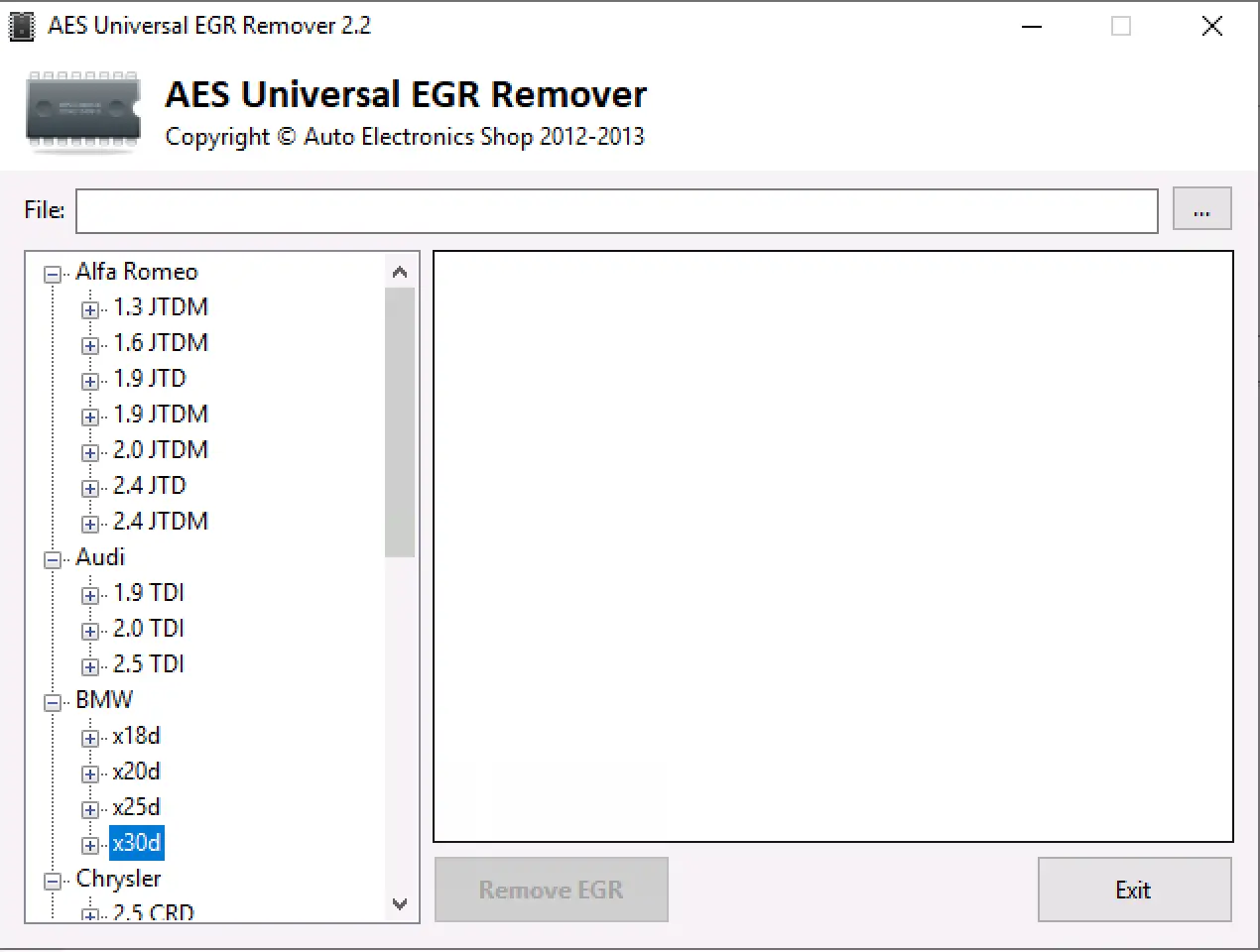 AES Universal EGR Remover v2.2 main interface showing diesel engine list by brand such as Alfa Romeo Audi BMW and Chrysler.