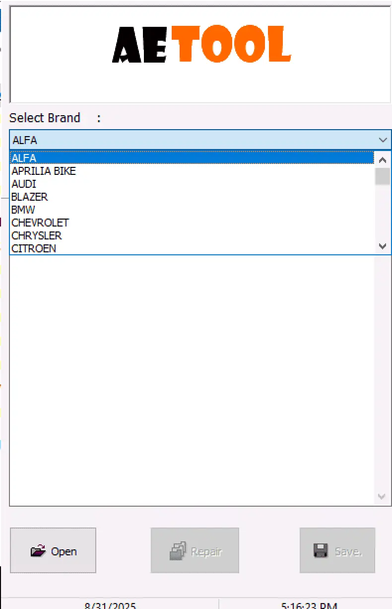 The main interface of the AETOOL software, showing the Select Brand dropdown menu with options like ALFA, AUDI, and BMW.