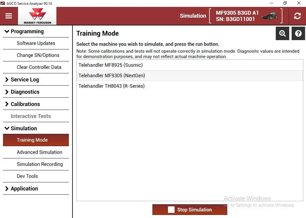 AGCO Service Analyzer 90.14 Training Mode screen with simulation profiles for learning diagnostics, tests, and service procedures.