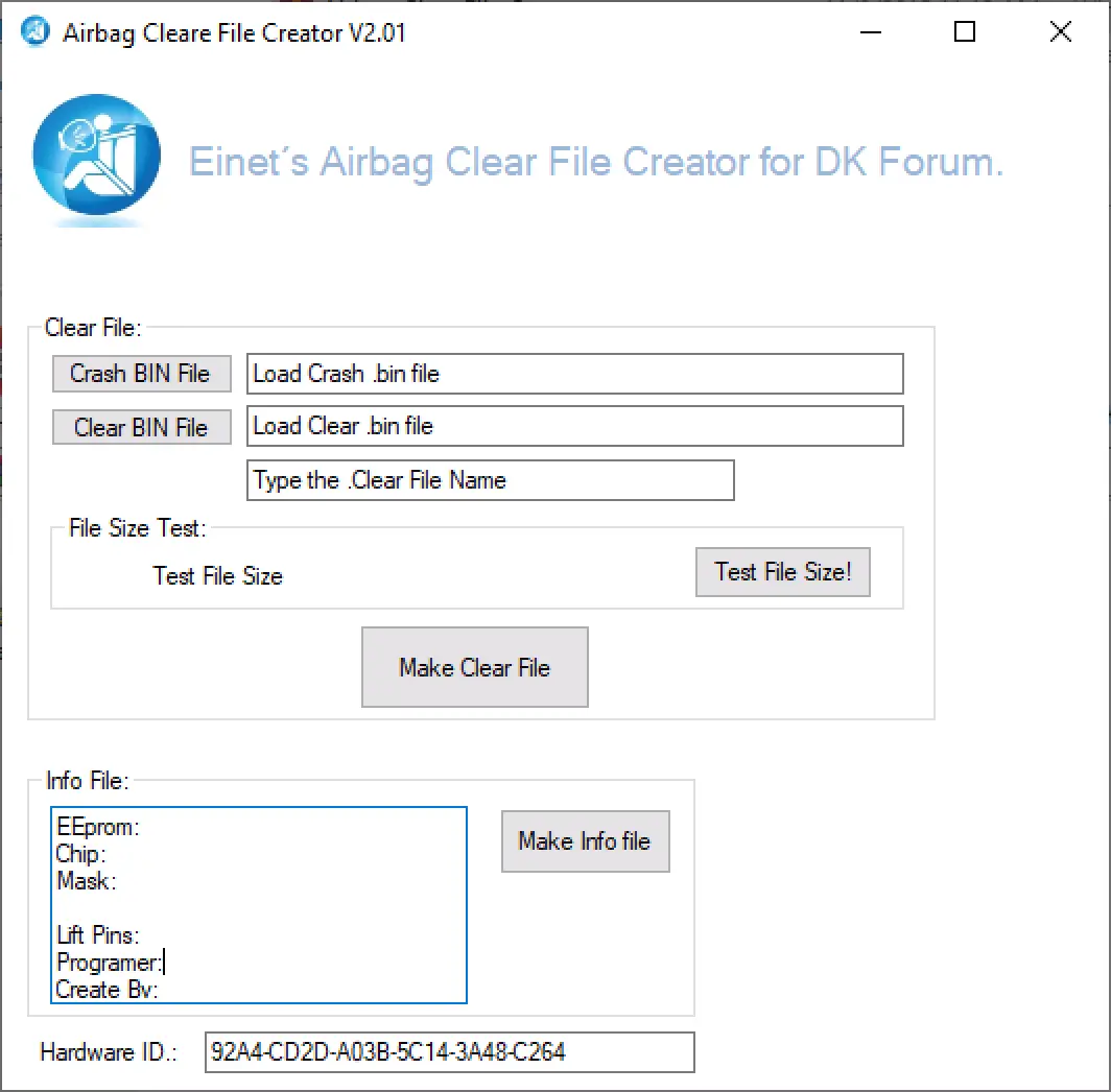 Airbag Clear File Creator v2.01 main window for building clear-file templates from crash and clean SRS dumps.