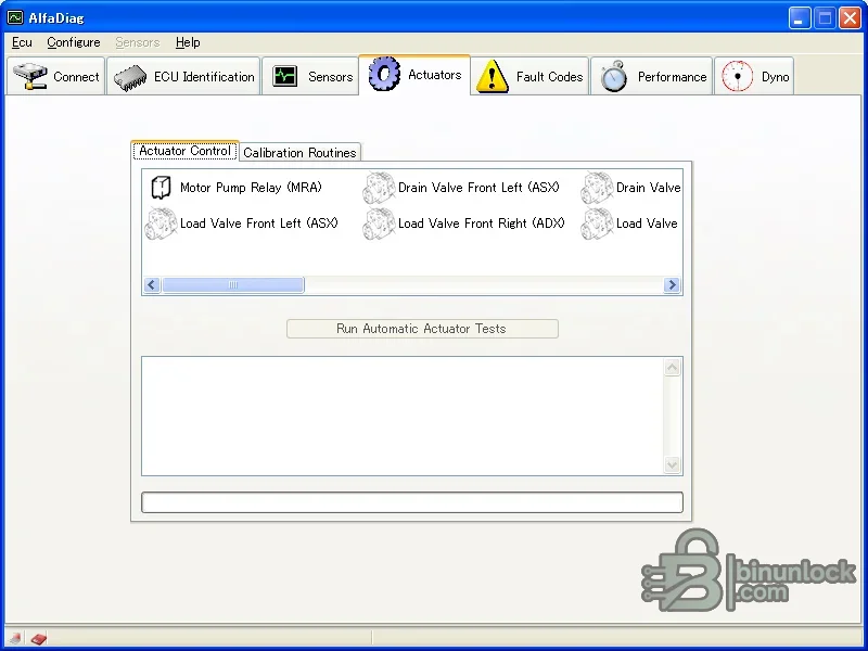 AlfaDiag actuator-control screen with calibration routines and automatic actuator tests