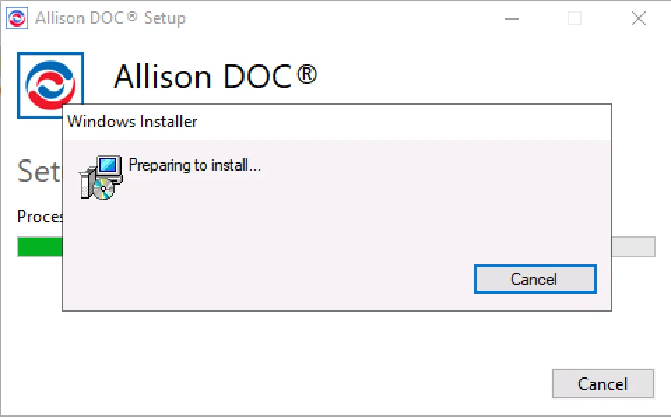 The setup wizard for the Allison DOC diagnostic software, showing the Preparing to install message from the Windows Installer.
