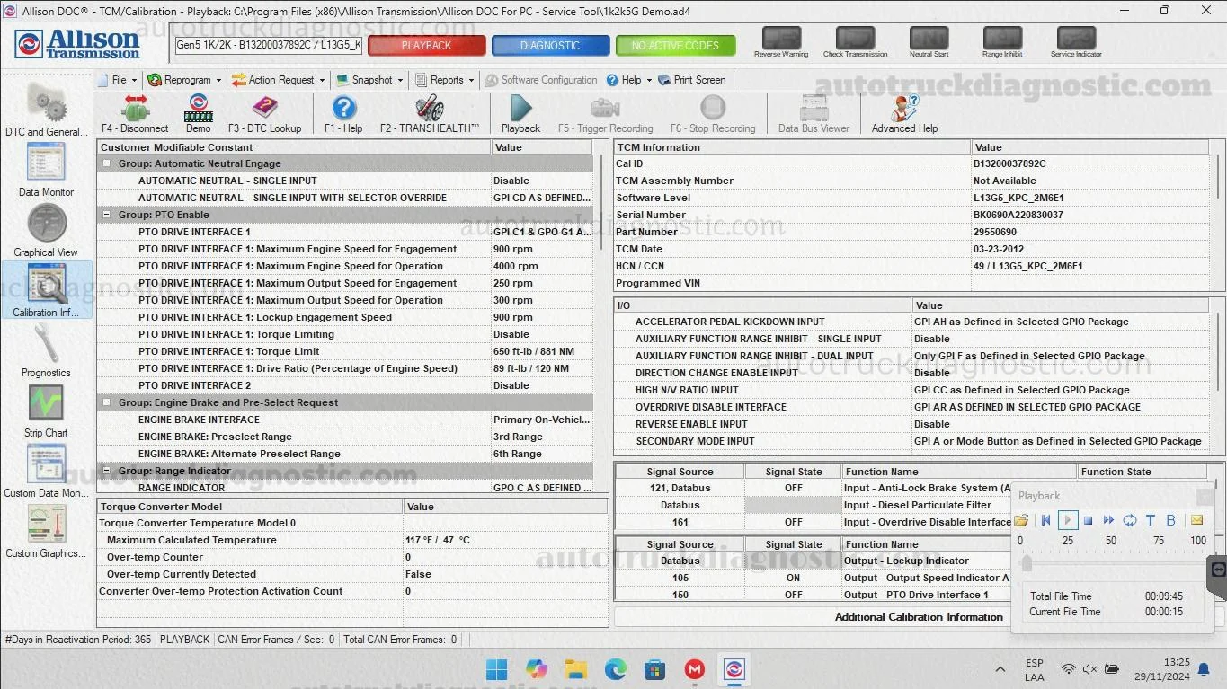 Allison DOC v2024.1 DTC and general screen with transmission data