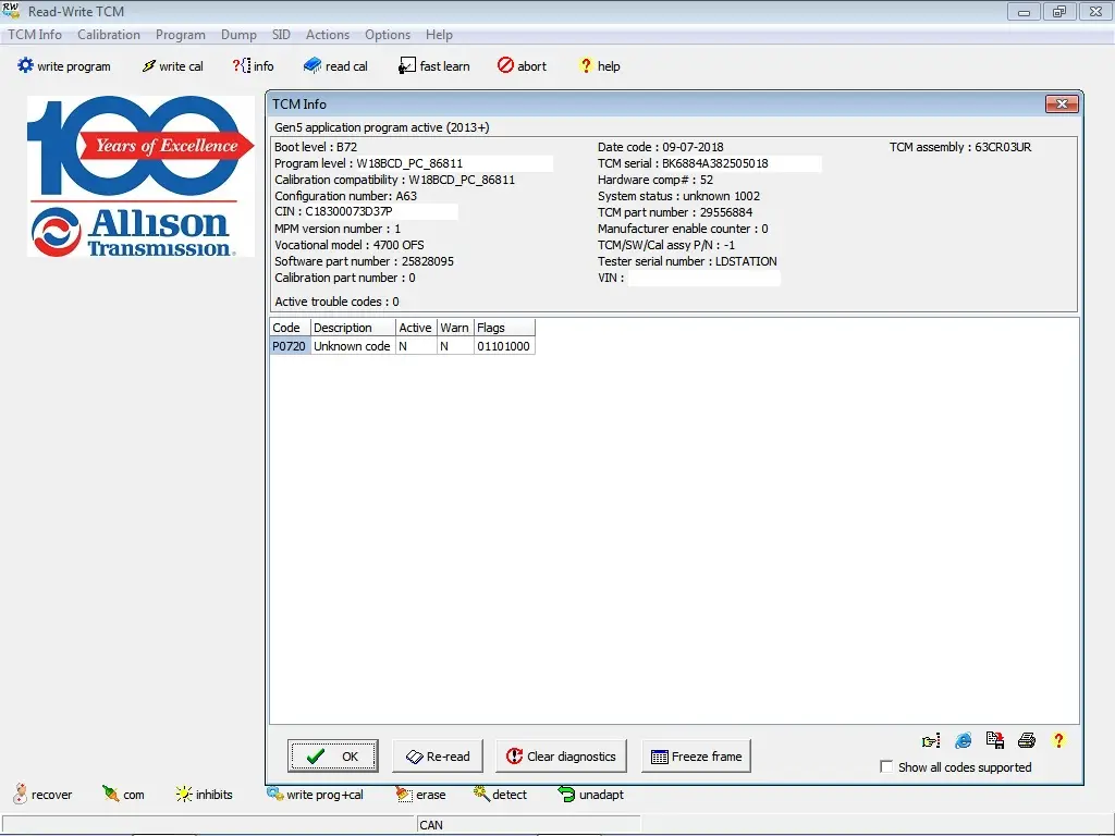 Allison TCM Info window showing Gen5 application program active details and DTC table