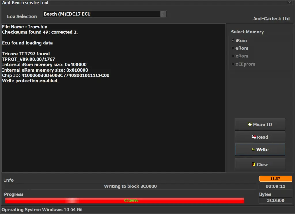 AMT BST Bench Service Tool clone writing Bosch EDC17 ECU with progress bar on Windows 10