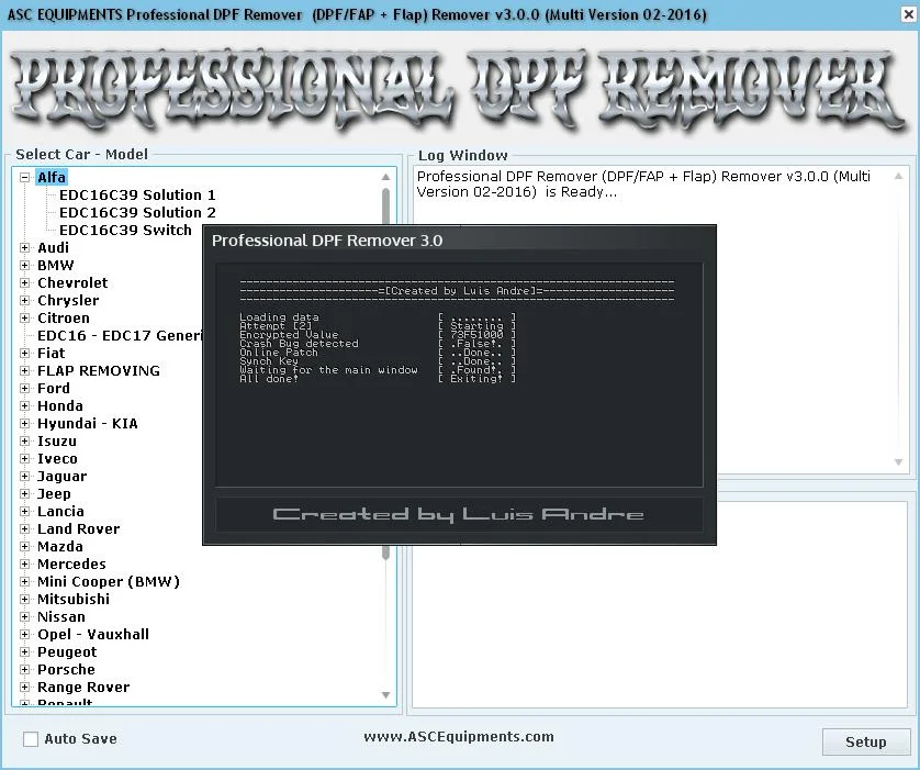 ASC Professional DPF Remover v3.0.0 (02-2016) DPF and flap ECU coverage menu for EDC16 and EDC17 families across multiple brands.