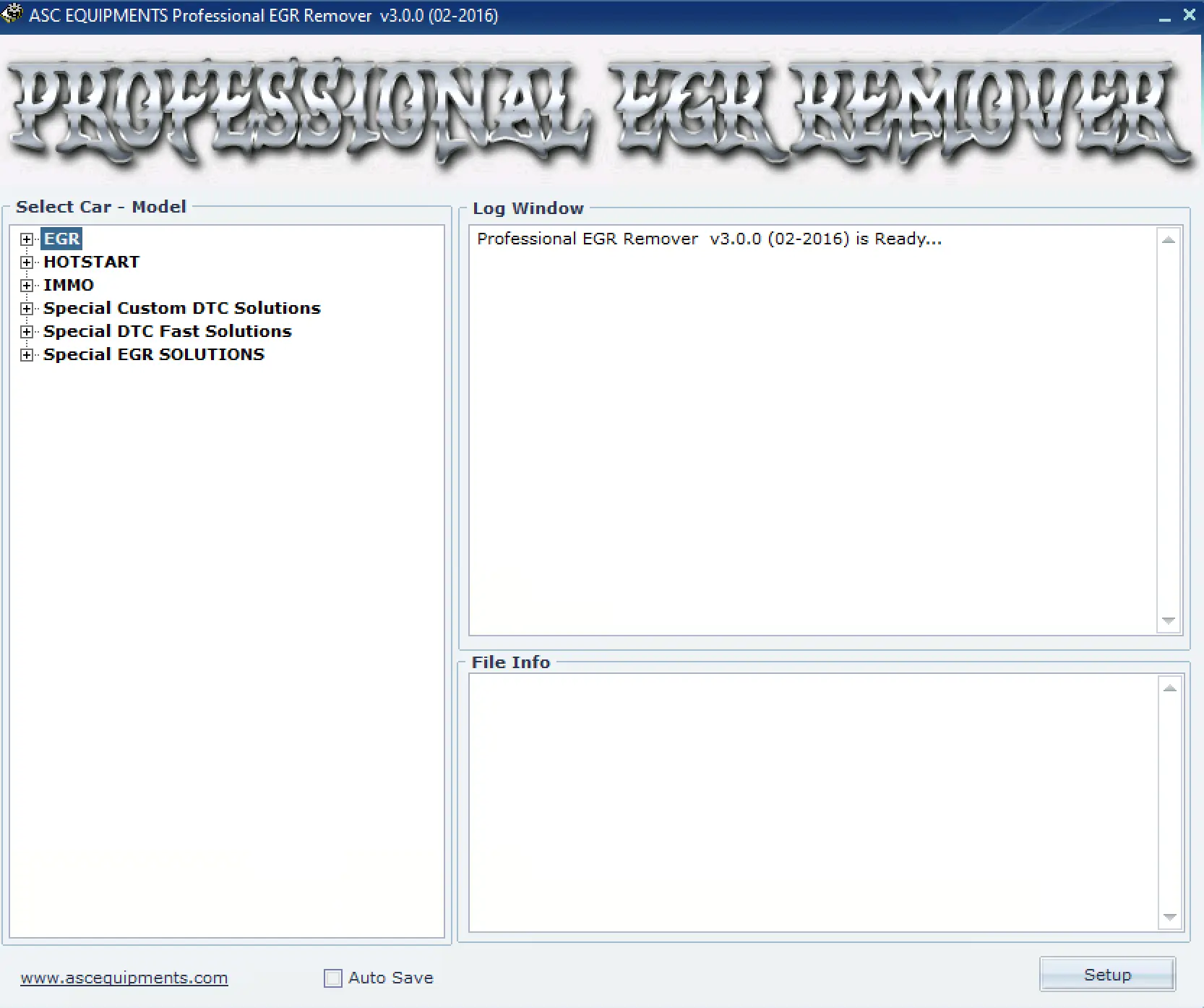 ASC Professional EGR Remover v3.0.0 (02-2016) interface with EGR, hotstart, immo, and DTC solution categories for ECU families.