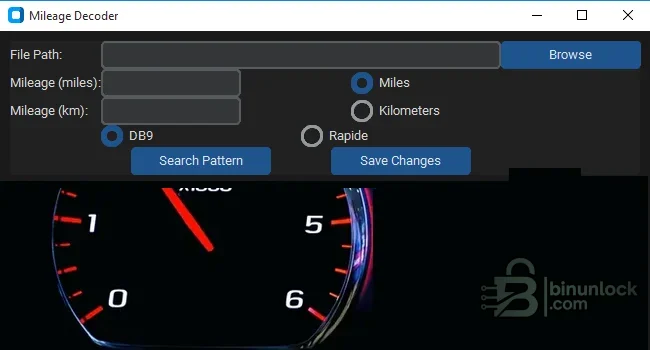 Aston Martin Mileage Decoder interface with DB9 and Rapide profiles, miles and kilometres fields
