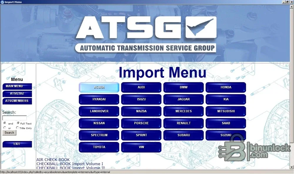 ATSG interface showing import automatic transmission service information organized by vehicle make