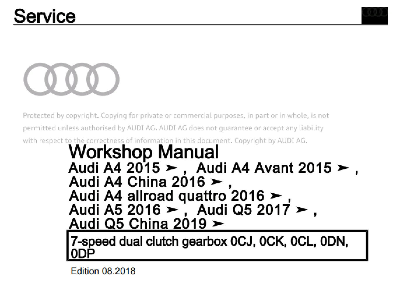 Audi workshop manual cover for 7-speed dual clutch gearbox 0CJ 0CK 0CL 0DN 0DP edition 08.2018