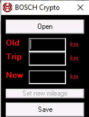 A4 BOSCH Crypto utility showing Old km, Trip km, and New km fields with Open and Save buttons.