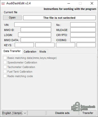 Audi DashEdit interface with VIN, immobilizer, mileage, key, calibration and data-transfer controls