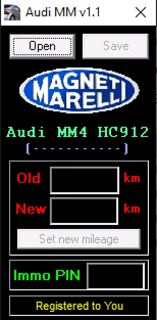 Audi MM 1.1 utility for Magneti Marelli MM4 (HC912) showing Old km, New km fields and Immo PIN.