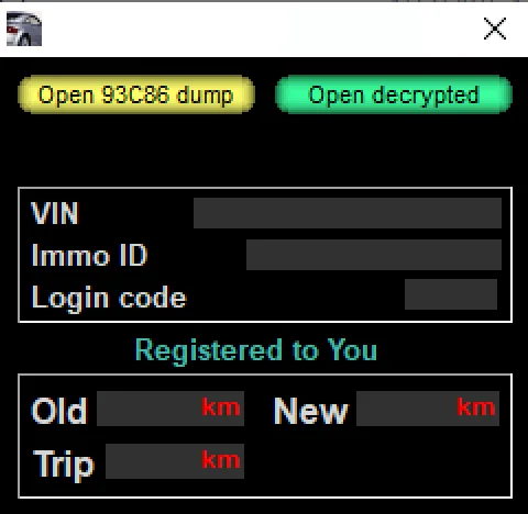 Audi VDO Crypto window with “Open 93C86 dump/Open decrypted” and fields for VIN, Immo ID, Login code, Old/Trip/New km.