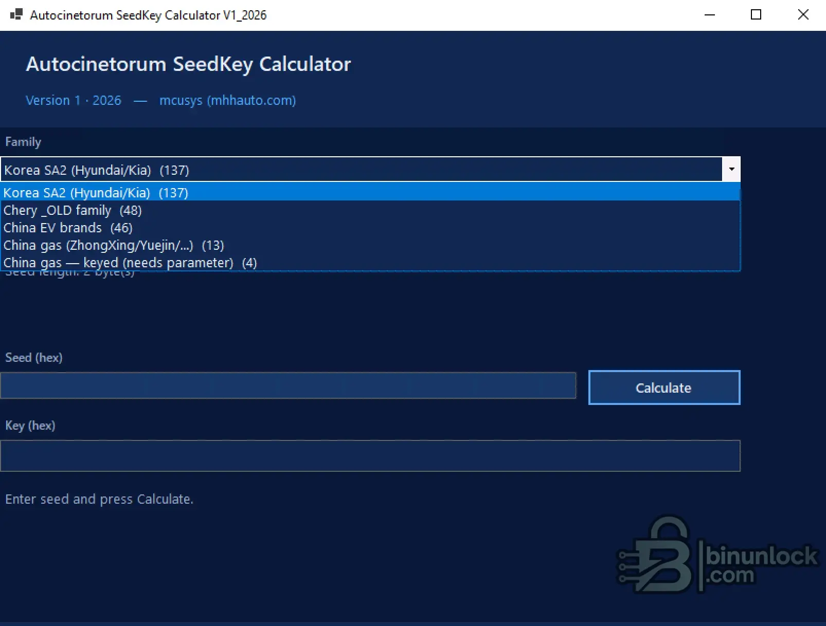 Autocinetorum SeedKey Calculator showing Hyundai Kia SA2 diagnostic security access algorithms