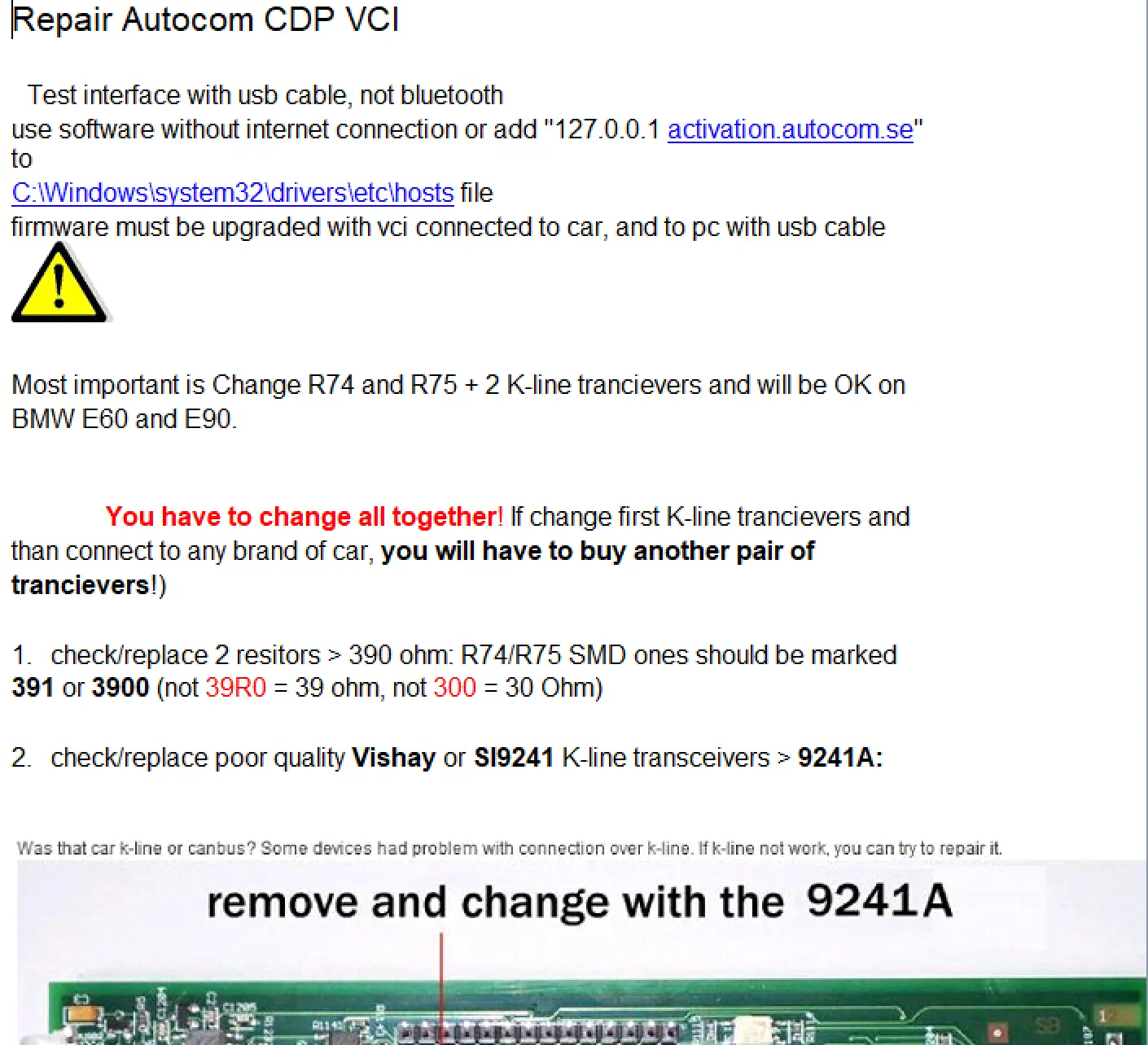 Autocom CDP / CDP+ VCI repair notes showing K-line fixes, resistor values and relay guidance.