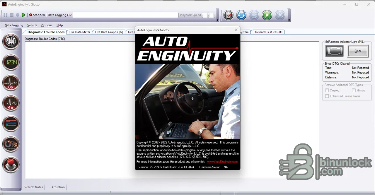 AutoEnginuity Giotto diagnostic interface with DTC, live data, graph, sensor and onboard test workspaces