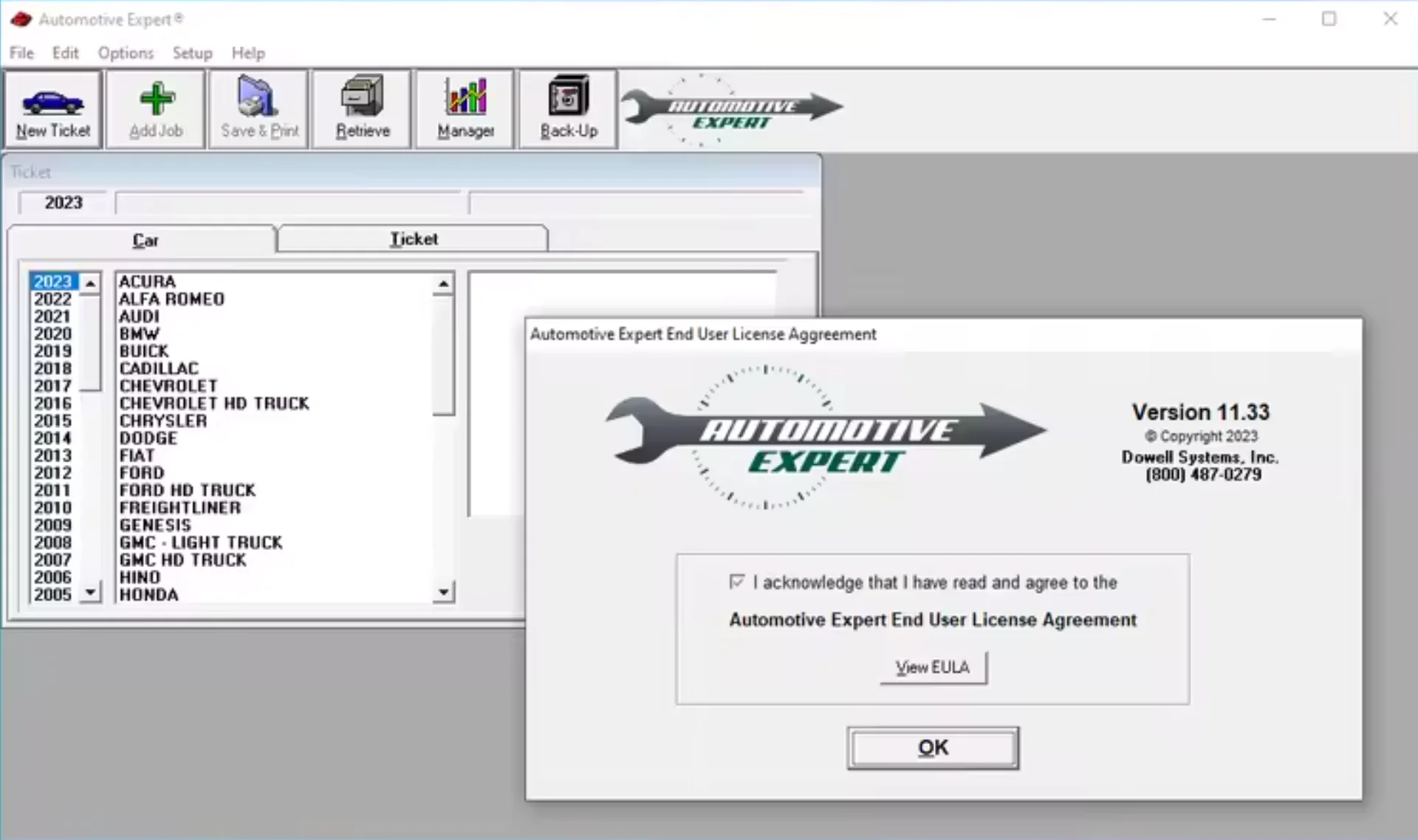 Automotive Expert v11.33 main screen showing ticket creation, job actions, and work order printing controls.