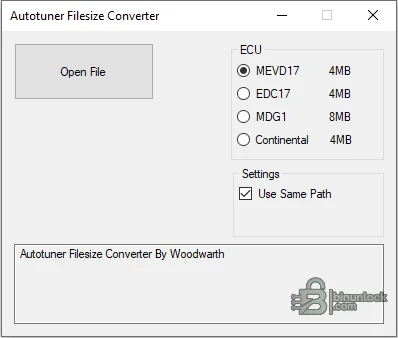 Autotuner Filesize Converter interface with selectable Bosch and Continental ECU size presets