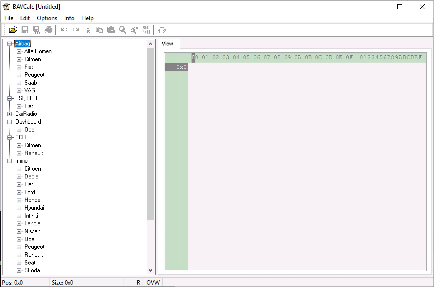 BAVCalc v1.2.5.13 main window with brand tree, hex viewer and airbag immo calculator modules