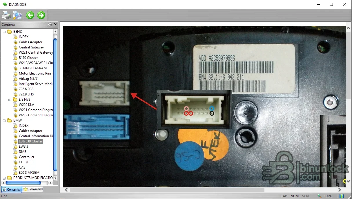 BB On-Board Diagnosis contents screen with BMW and Mercedes connectors, control units and diagnostic topics