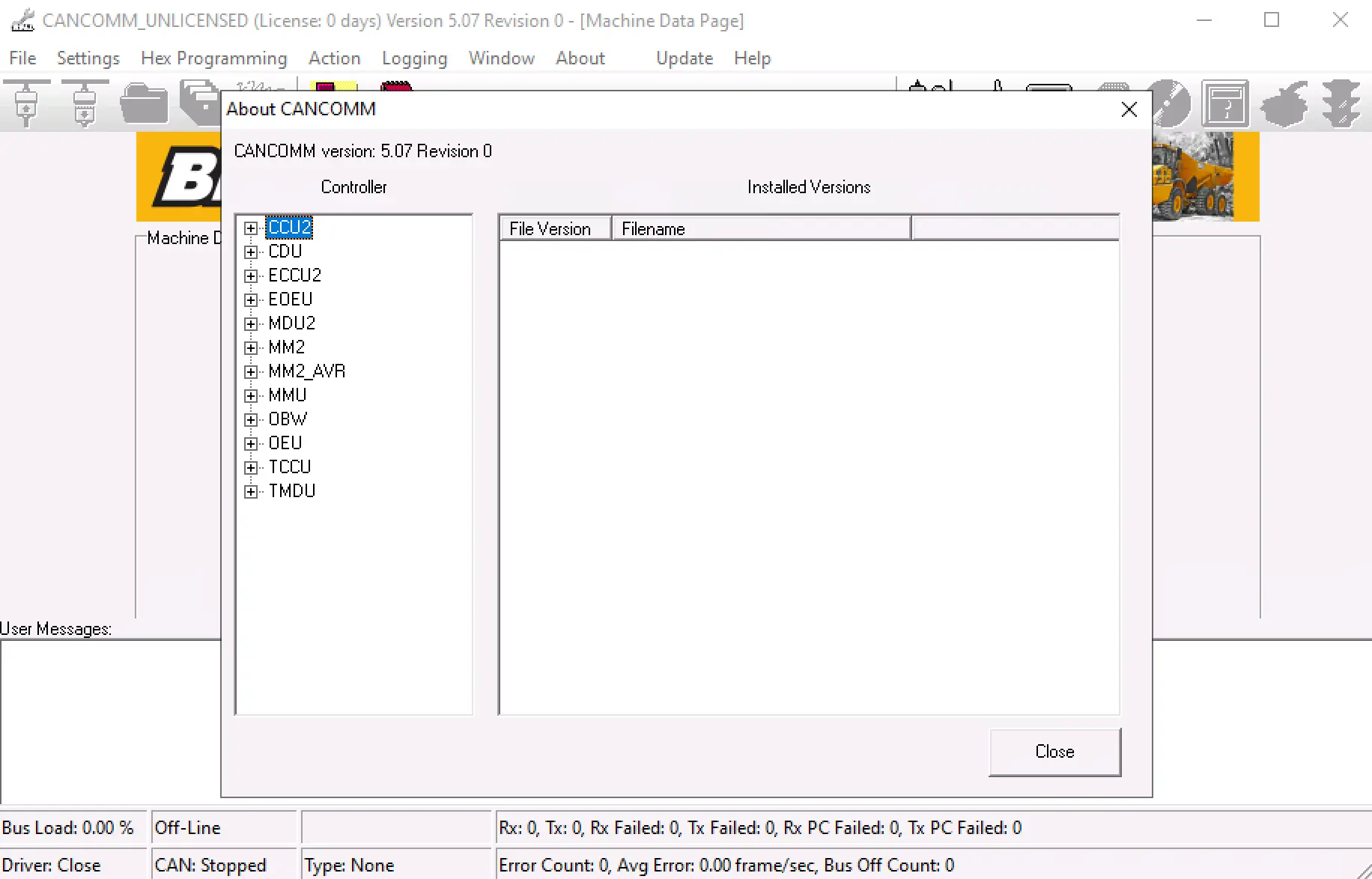 Bell CANCOMM 5.07.0 About window listing supported controllers like CCU2, MDU2, TCCU, and OEU for module navigation.