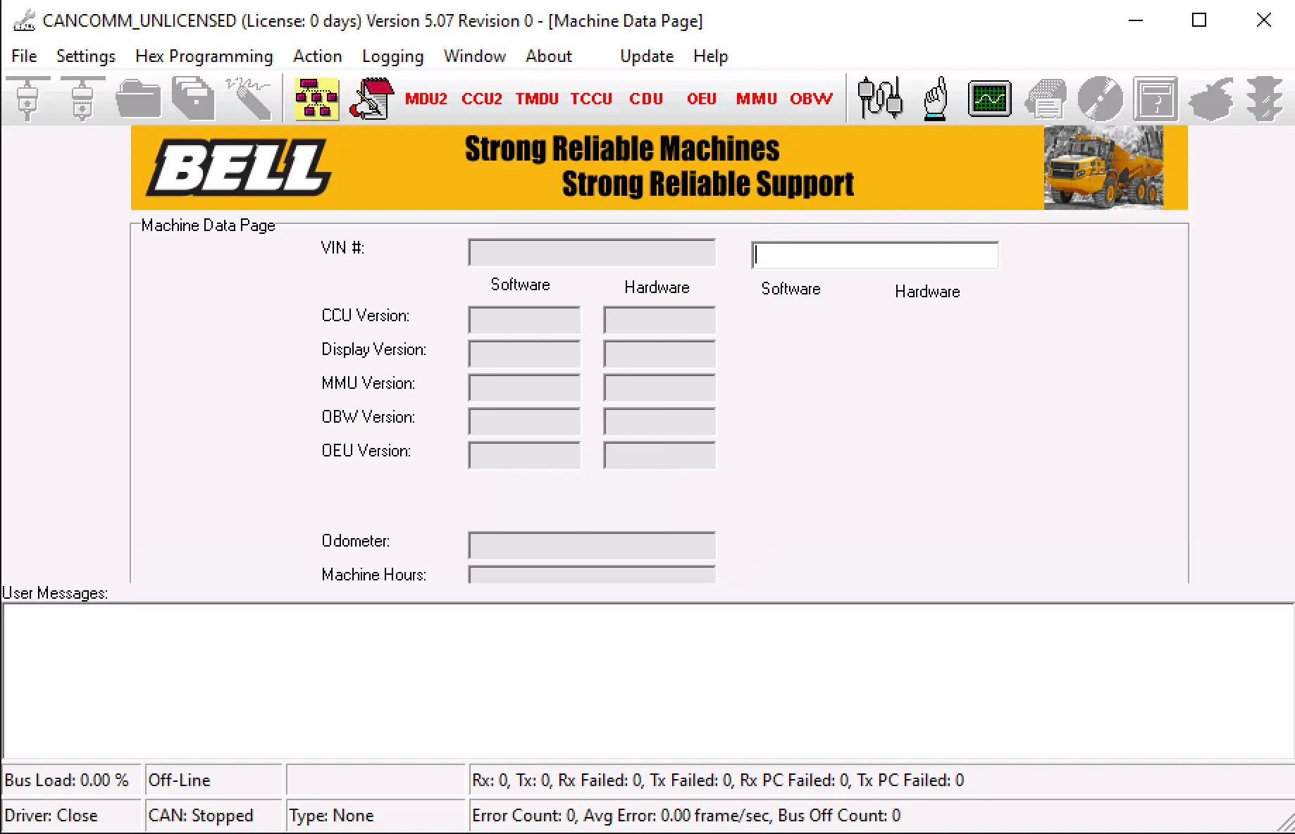 Bell CANCOMM 5.07.0 Machine Data Page showing VIN fields and controller software and hardware version areas for diagnostics.