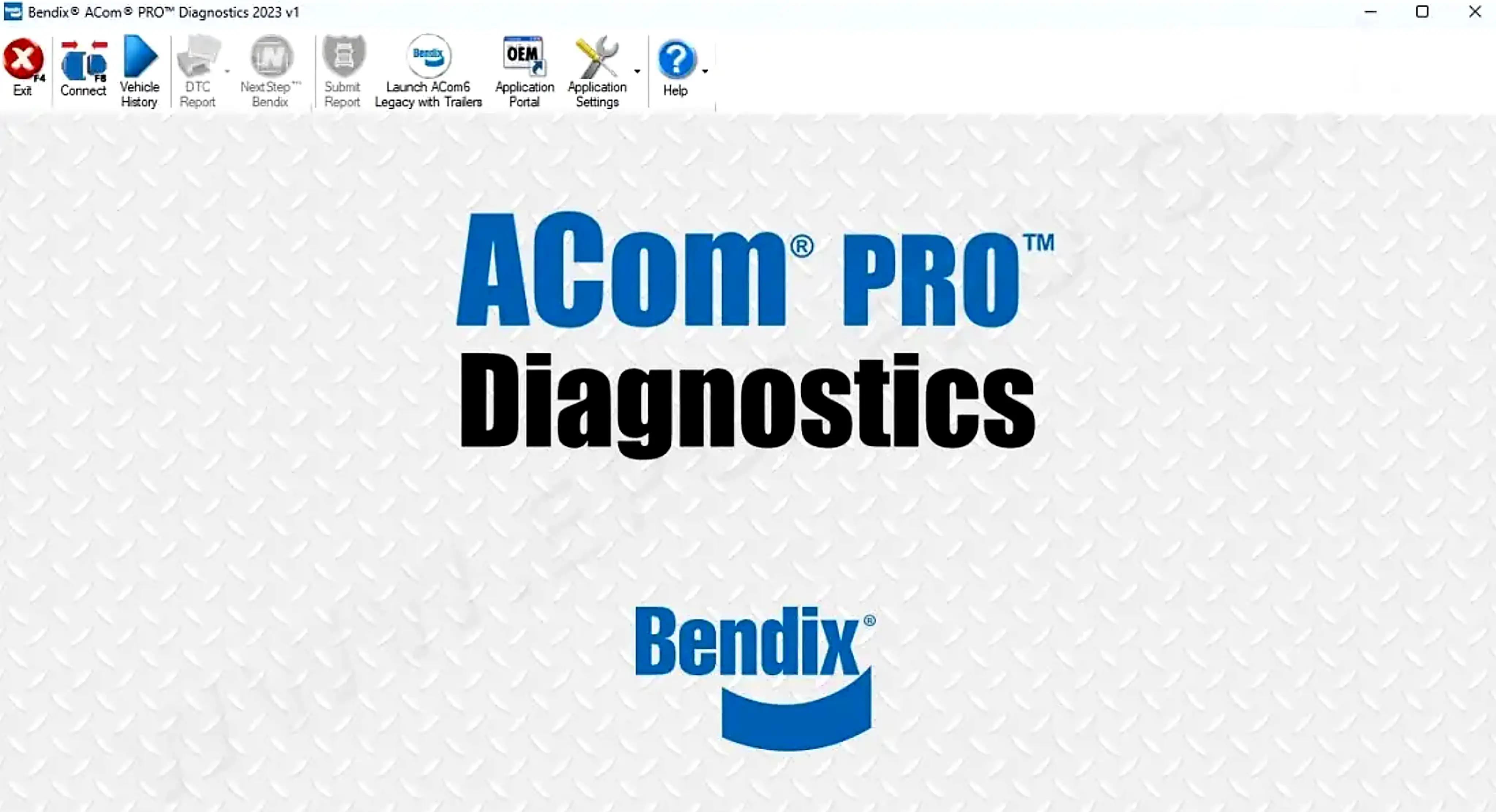 Bendix ACom PRO Diagnostics 2023 v1 splash screen for commercial vehicle ABS, stability, and trailer diagnostic workflows.