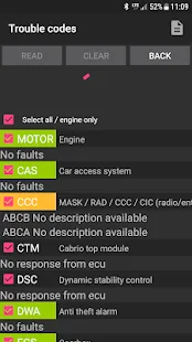 Bimmer-Tool Expert trouble codes overview for BMW modules with read and clear options — engine, CAS, DWA, DSC status.