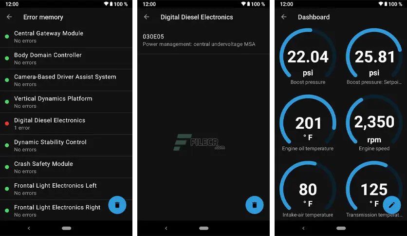 BimmerLink Android showing BMW error memory with Digital Diesel Electronics undervoltage and a live dashboard for boost, RPM, engine, intake-air and transmission temperatures.