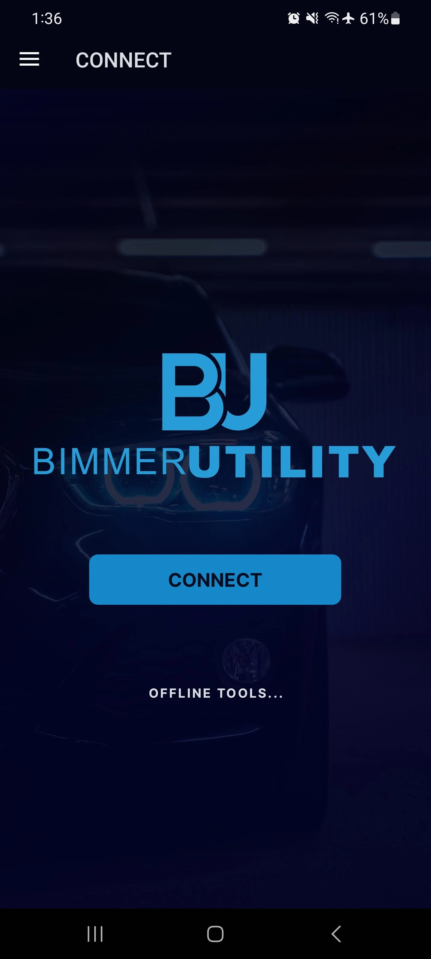 BimmerUtility Android home screen with Connect button and Offline Tools for BMW/MINI coding and diagnostics.