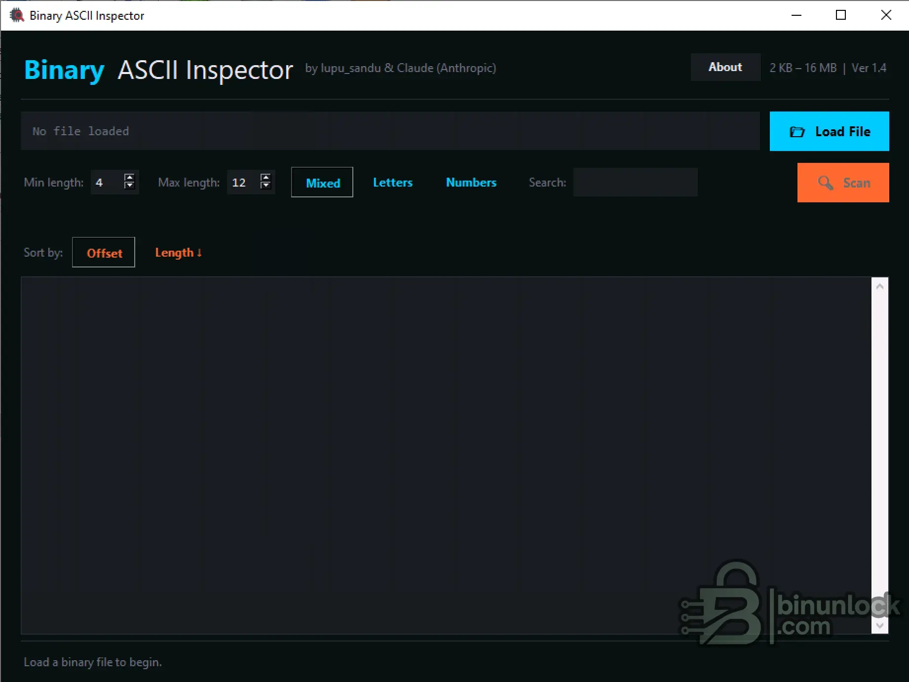 Main interface of Binary ASCII Inspector v1.4 showing file loading options, length filters, and string search tools.