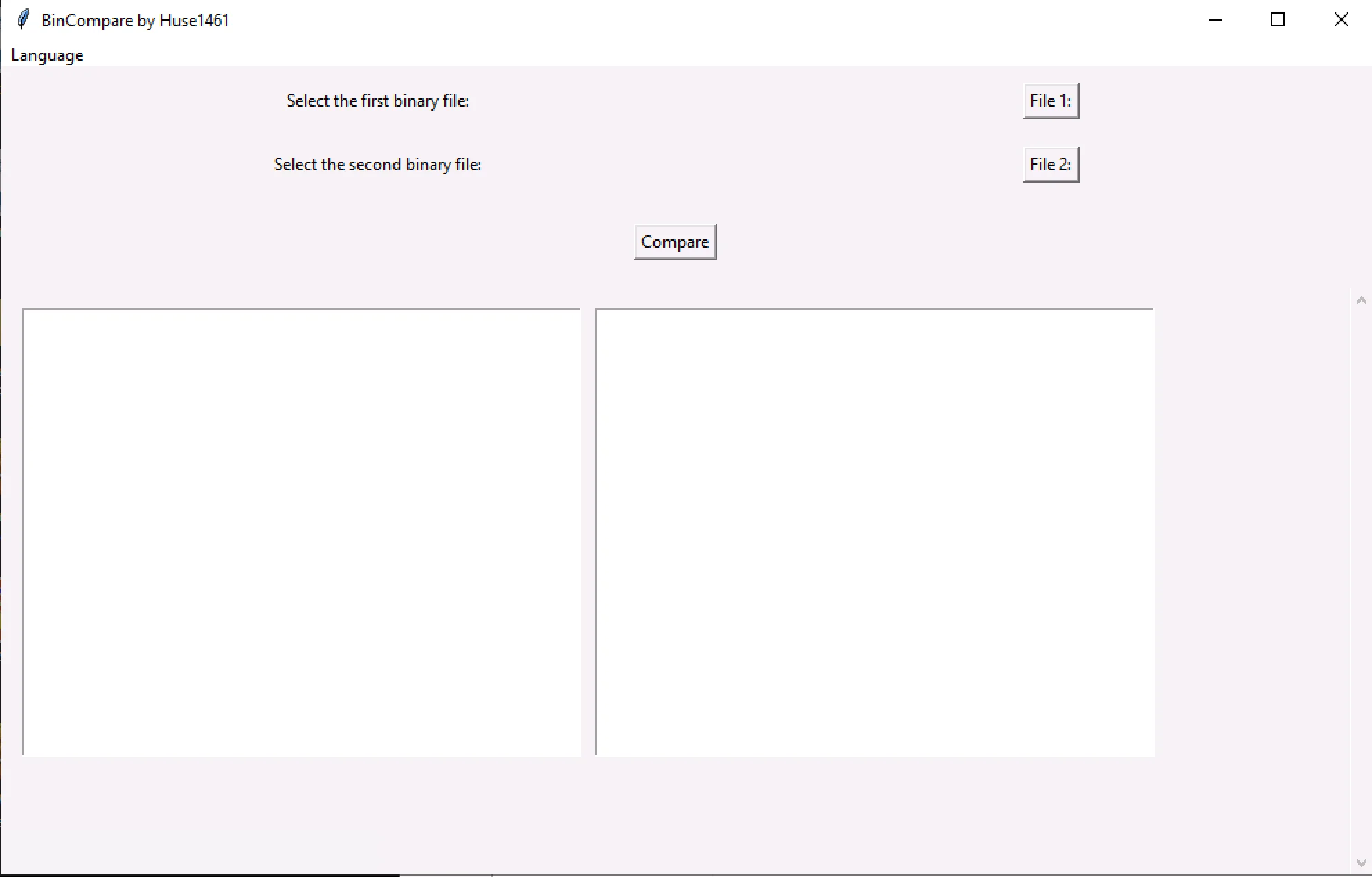 BinCompare main window with File 1 / File 2 selectors, Compare button and dual result panes.