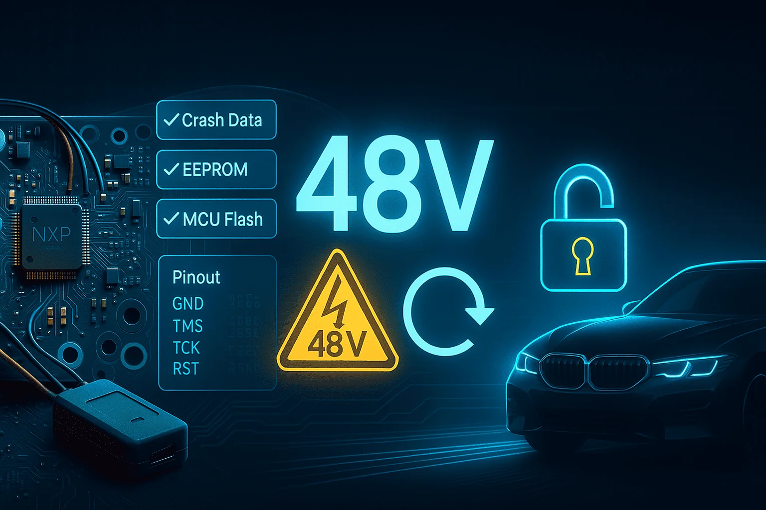 BMW 48V module crash data EEPROM MCU flash unlock and reset with JTAG pinout GND TMS TCK RST on NXP microcontroller for automotive diagnostics