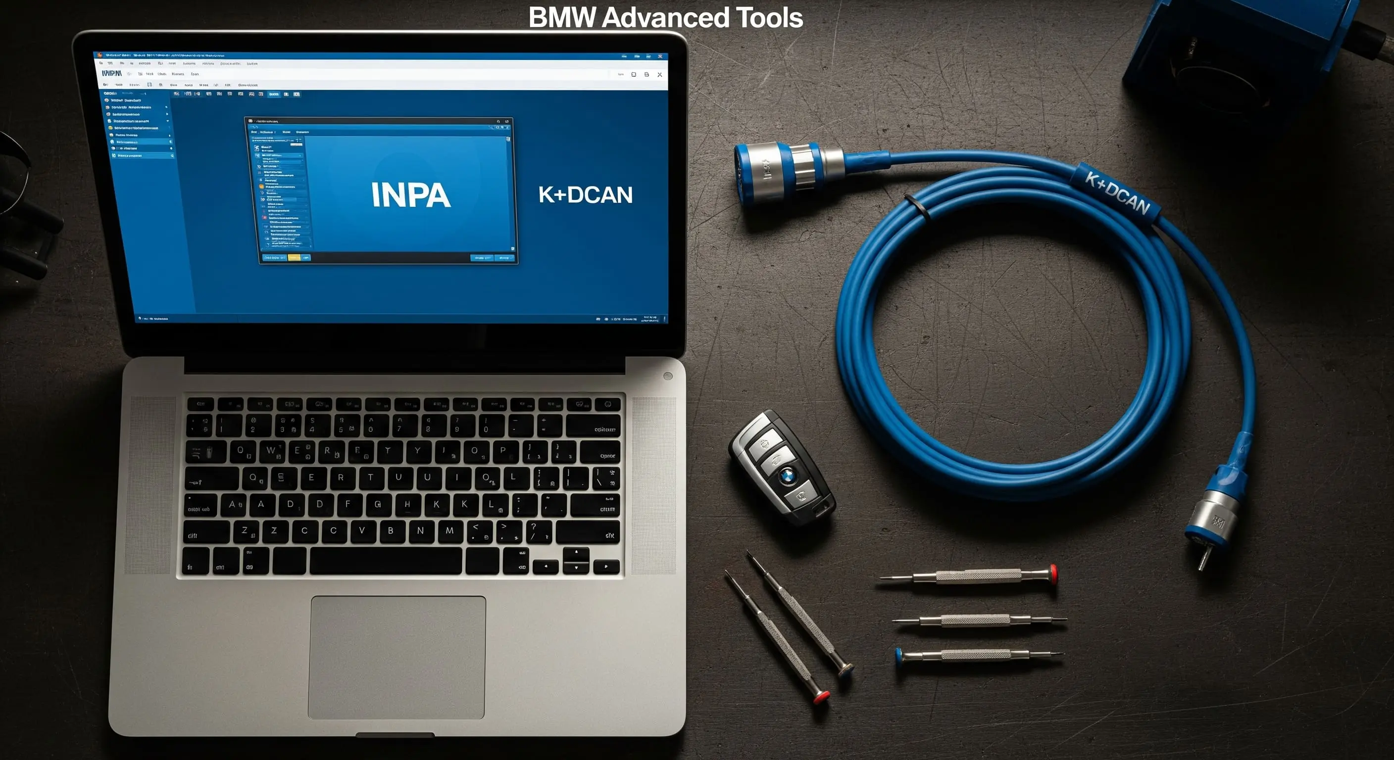 A realistic top-down photo of a technician's workbench featuring a laptop running INPA software, a K+DCAN cable, and a BMW car key, representing the BMW Advanced Tools software suite.