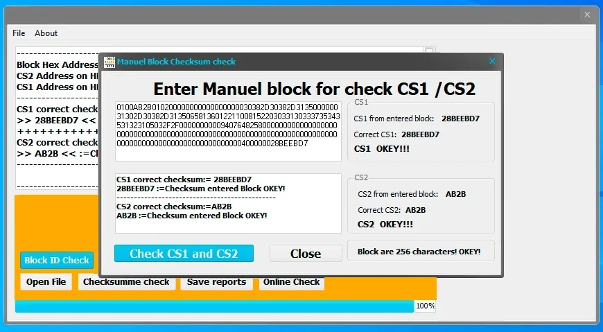 The interface of the EEPROM CS1 & CS2 Checker v1.1 for BMW Bosch ECUs, showing a successful verification of both CS1 and CS2 checksums from an EEPROM data block.