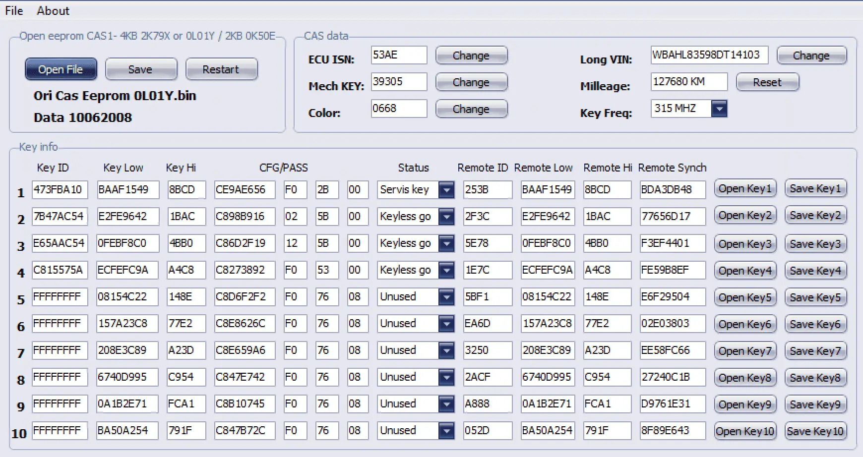 The main interface of the BMW CAS1 EEPROM Editor, showing the decoded CAS data like ISN and VIN, and a detailed list of 10 key slots with their status.
