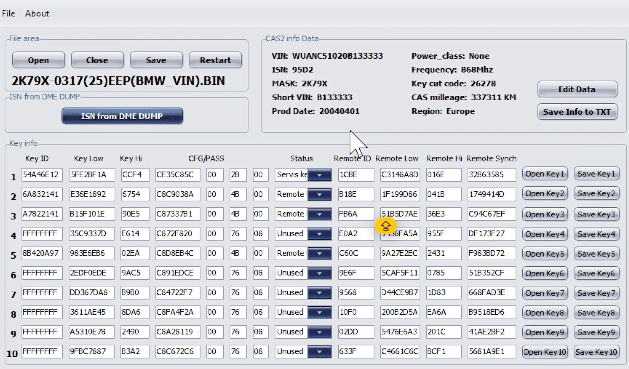 Interface of the CAS2 2K79X Editor v3.2 software, used for reading the ISN from a BMW DME/DDE unit dump.