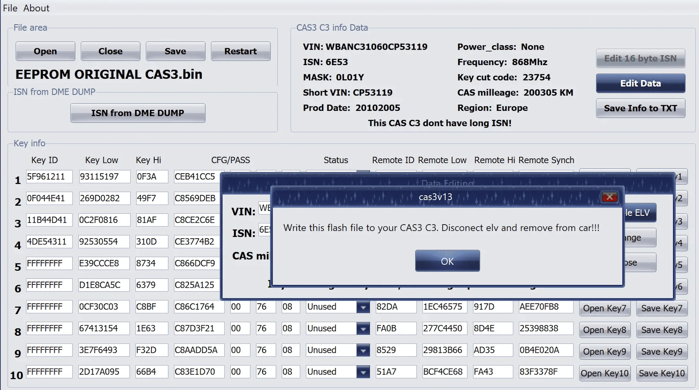 Screenshot of the free CAS3 C3 Editor v1.3 software, showing the main interface for editing BMW ISN, VIN, mileage, and key data.