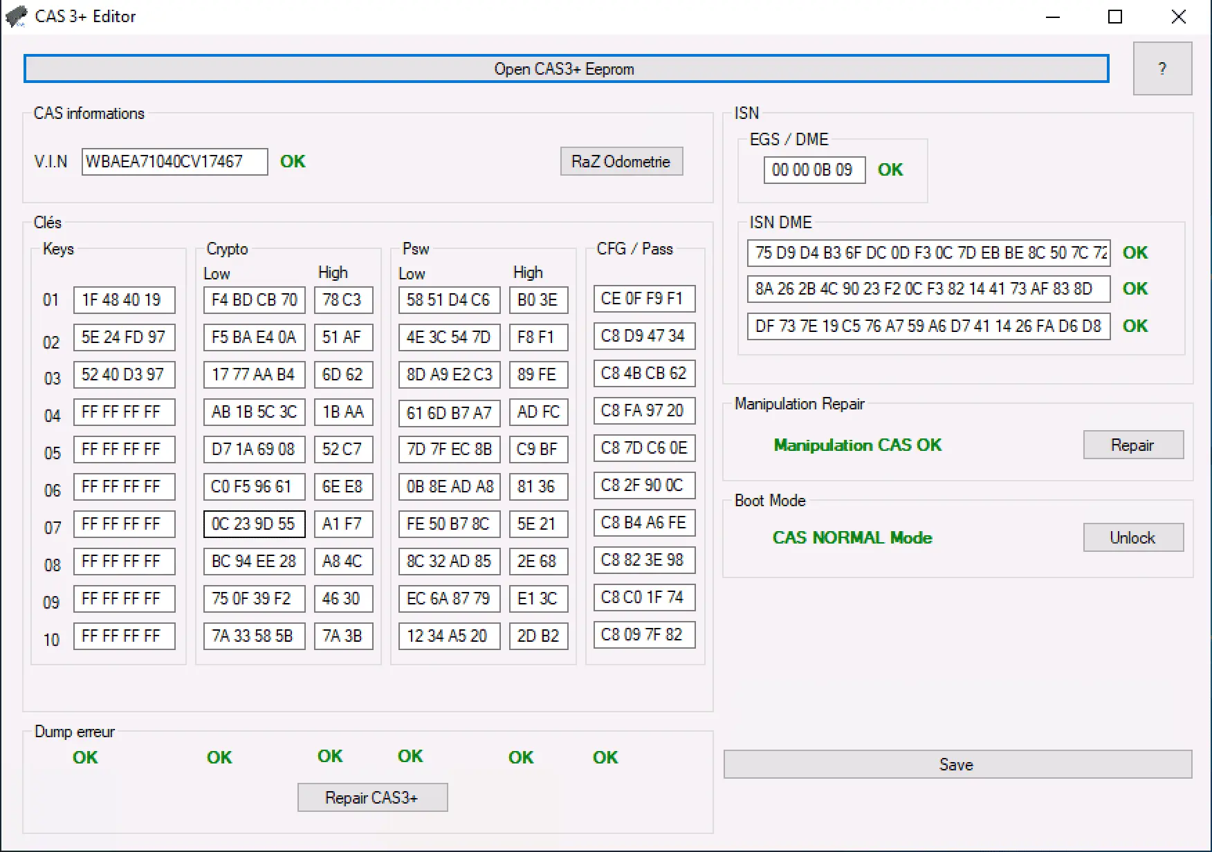 The main interface of the BMW CAS3+ Editor software, showing fields for CAS information, key data, ISN from EGS/DME, and options to repair or unlock the module.