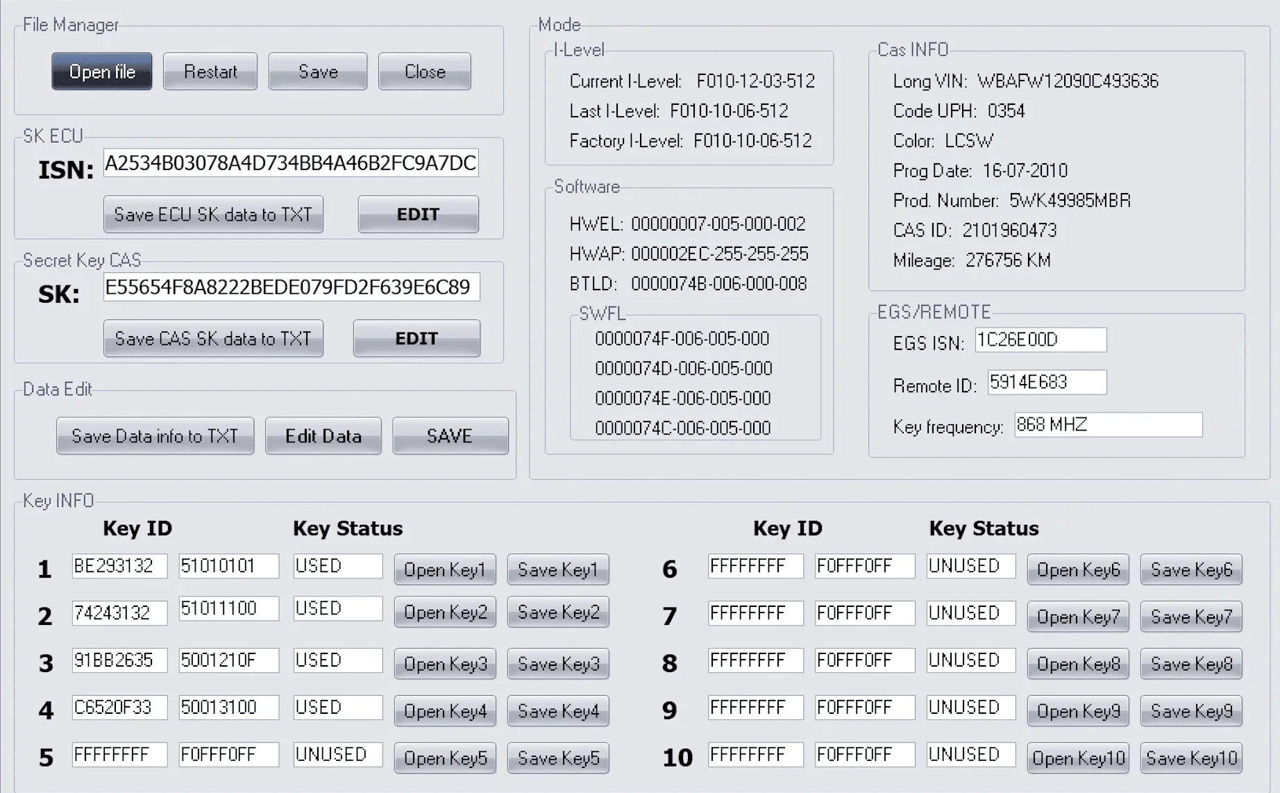 The main interface of the free CAS4 Editor v1.0, a tool specifically designed for editing the Secret Key, ISN, and VIN on BMW CAS4 modules with a 1L15Y processor.