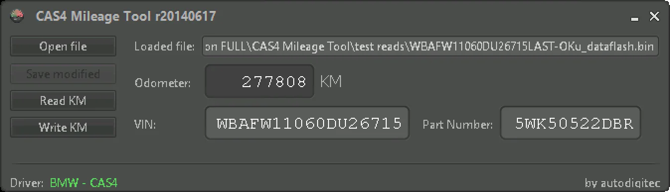 BMW CAS4 Mileage Tool r20140617 showing loaded dataflash file with odometer value in KM, VIN and part number fields.