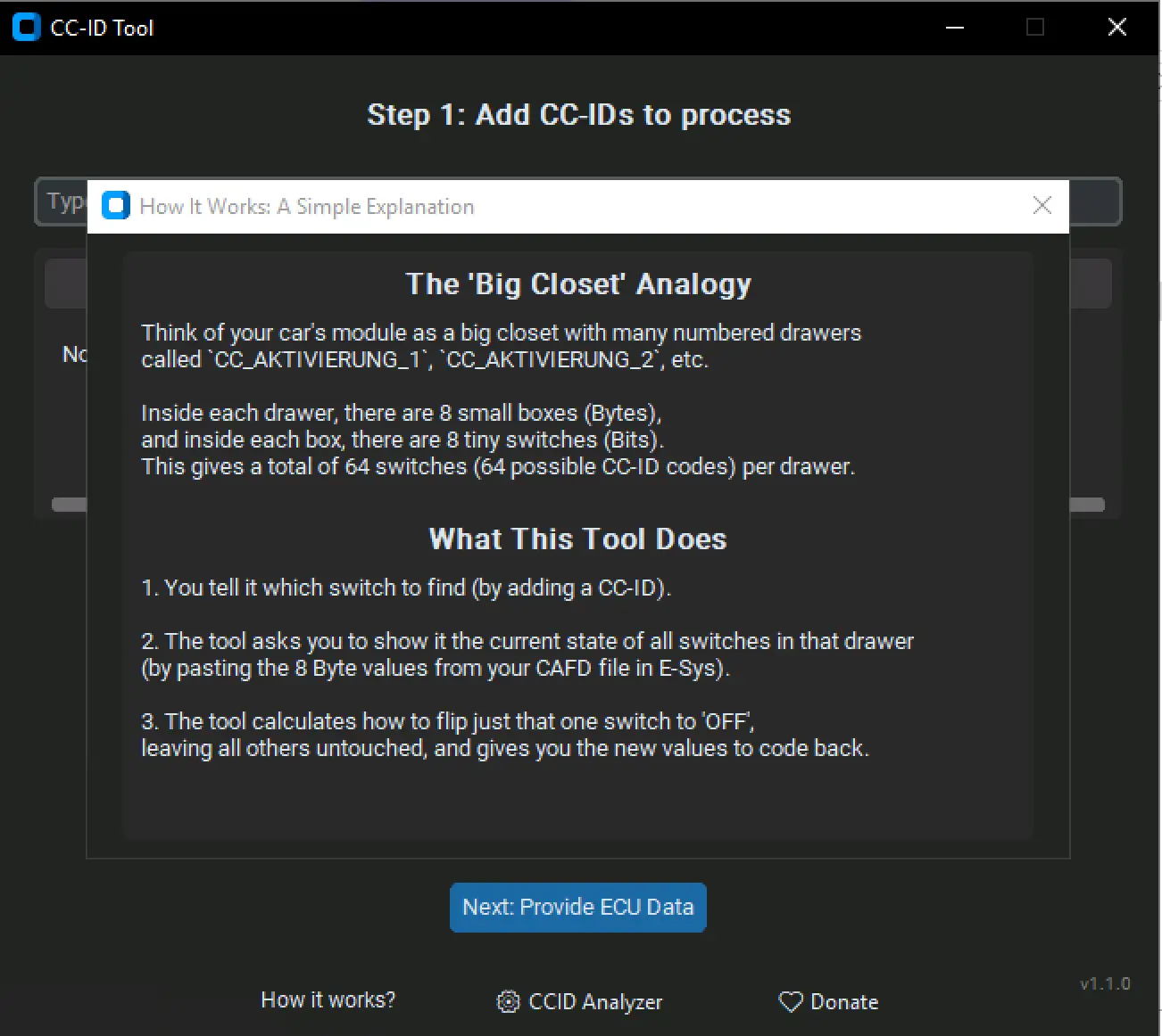 BMW CC-ID Tool v1.1.0 explanation dialog describing the big closet analogy for CC_AKTIVIERUNG bytes and bits.