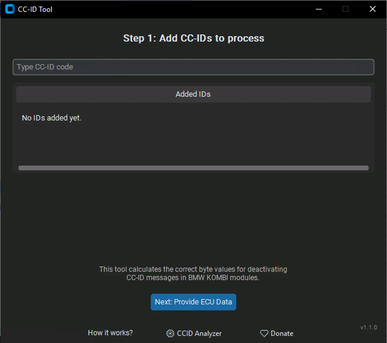 BMW CC-ID Tool v1.1.0 main window showing step 1 add CC-ID codes for KOMBI check control coding.