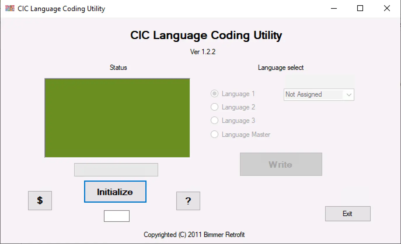 BMW CIC Language Utility 1.2.2 status window with initialize button and language selection options for CIC coding.