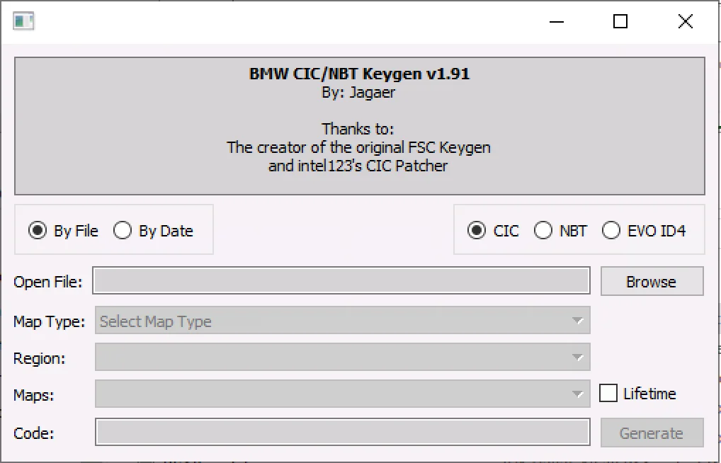 BMW CIC NBT EVO ID4 FSC map update assistant v1.91 interface with By File and By Date options, map type and region selectors on Windows.