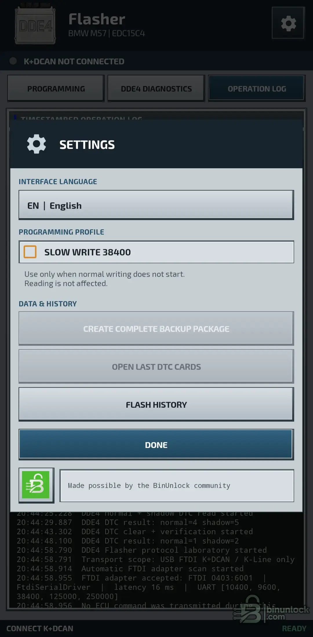 BMW DDE4 Android Flasher settings with Slow Write 38400, Complete Backup Package, DTC cards and local flash history.